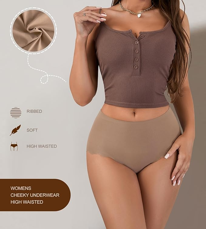 Seamless High Waisted Cheeky Underwear for Women – Wave Edge No Show Ribbed Panties Pack