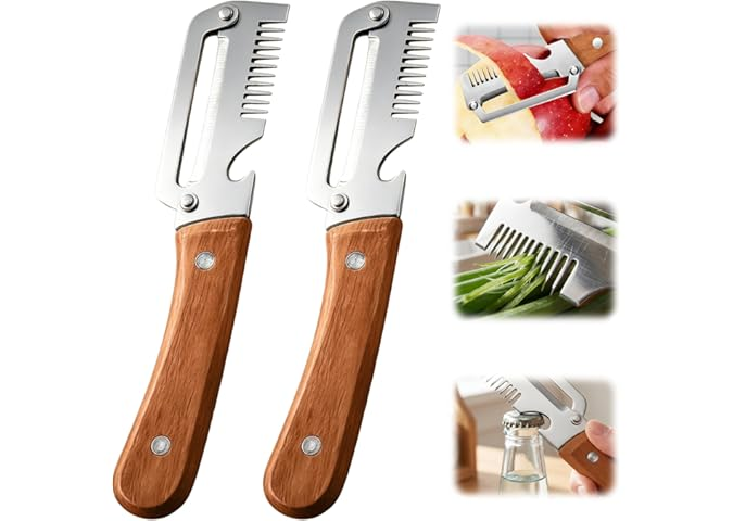 Waieoc 3-in-1 Vegetable Peeler – Wooden Handle Stainless Steel Wide Blade Potato & Carrot Peeler with Scallion Shredder & Bottle Opener