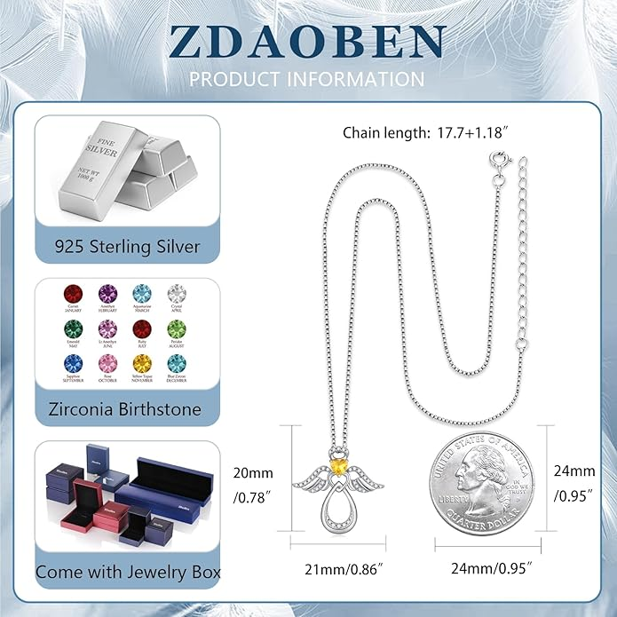 ZDAOBEN 925 Sterling Silver Guardian Angel Pendant Necklace with Birthstone CZ