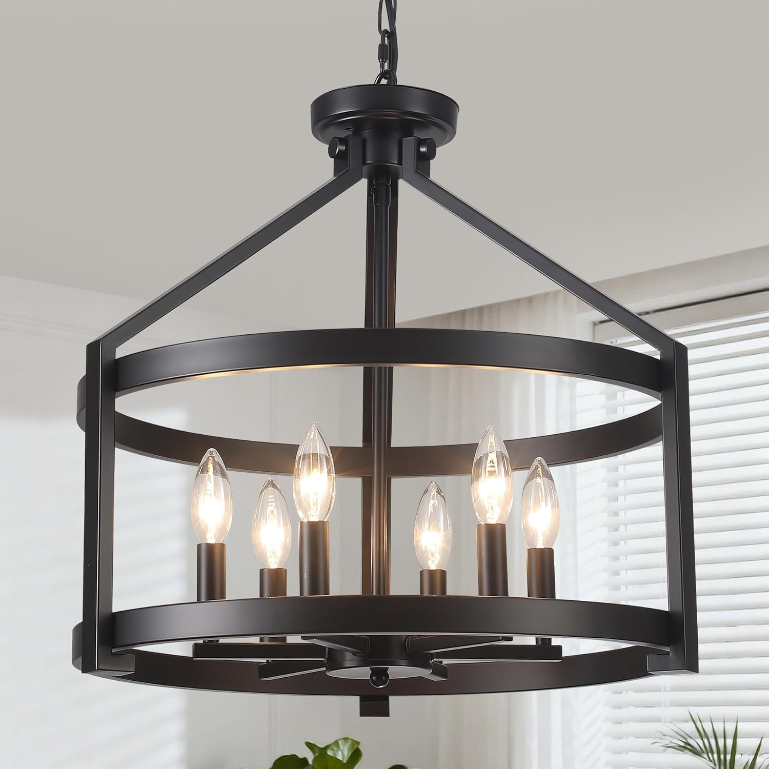 6-Light Large Farmhouse Black Chandelier 20" – Convertible Semi Flush Mount Pendant Light for Dining Room, Foyer & Kitchen