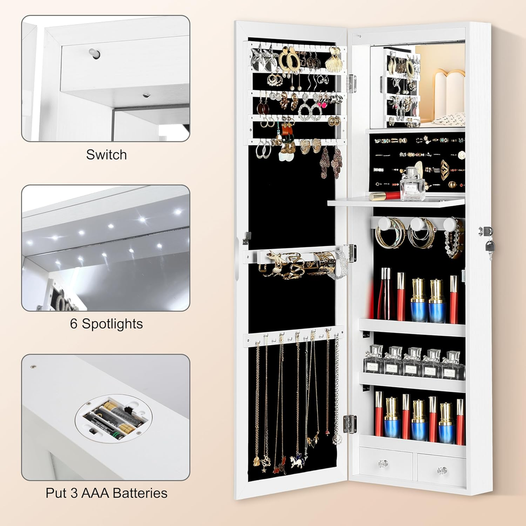 JOYUSAEN 2-in-1 Mirror Jewelry Cabinet — Wall/Door Mounted with LED Lights, White