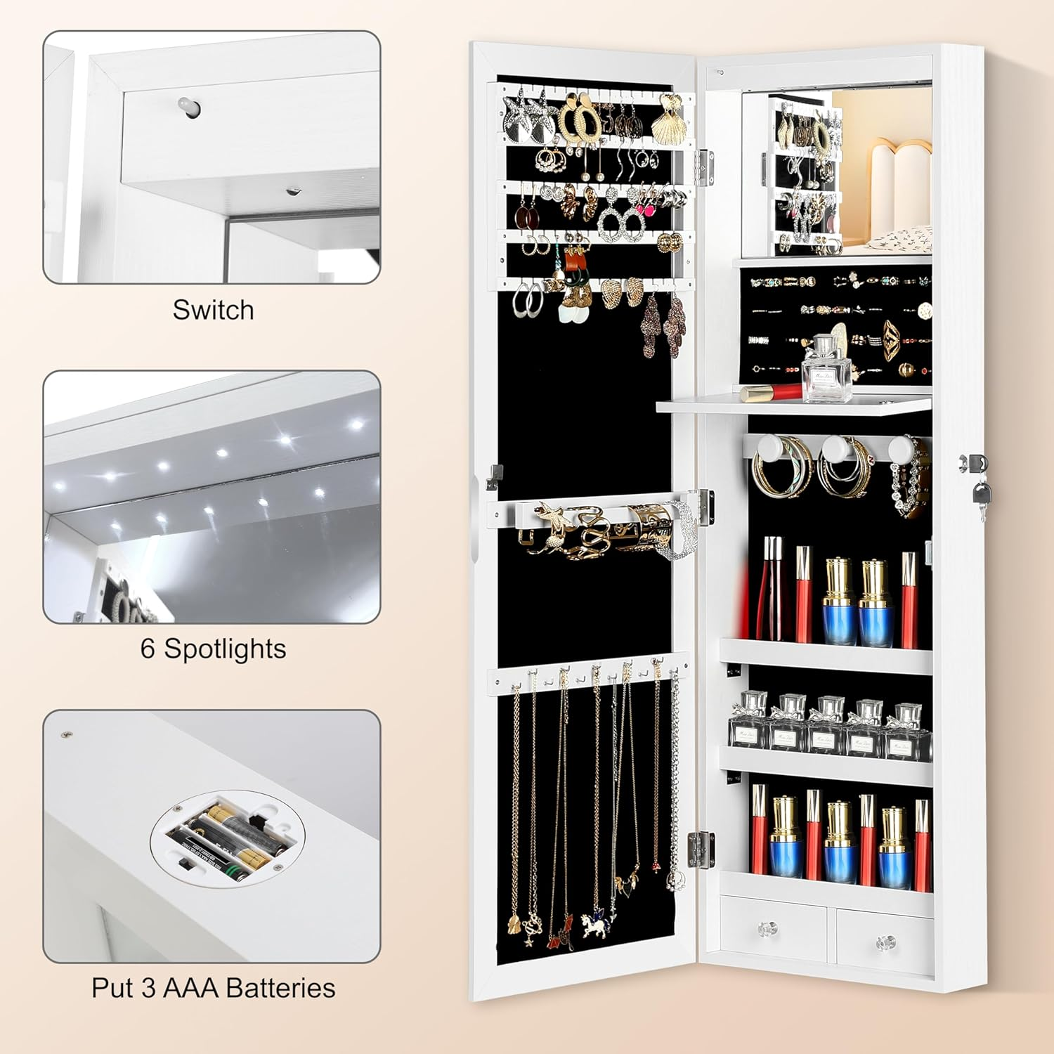 JOYUSAEN 2-in-1 Mirror Jewelry Cabinet — Wall/Door Mounted with LED Lights, White