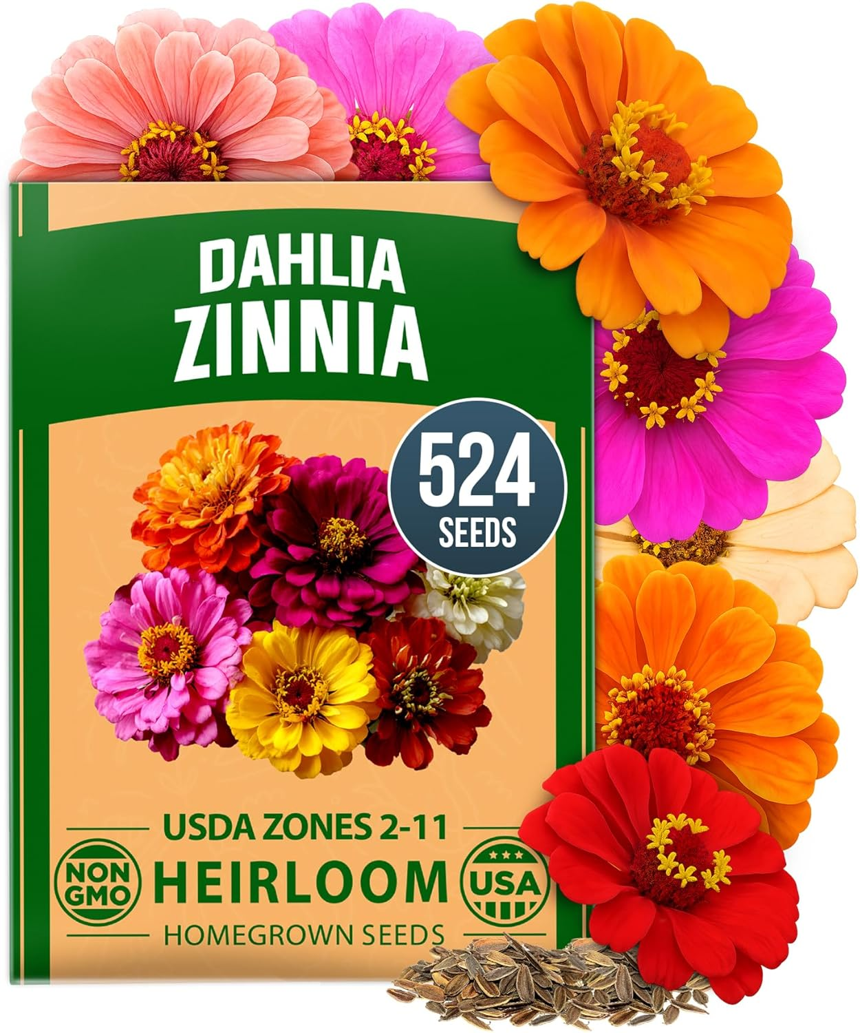 HOME GROWN Zinnia Dahlia Seeds – 524 Non-GMO Heirloom Flower Seeds for Pollinator Gardens, Borders & Containers, USDA Zones 2-11