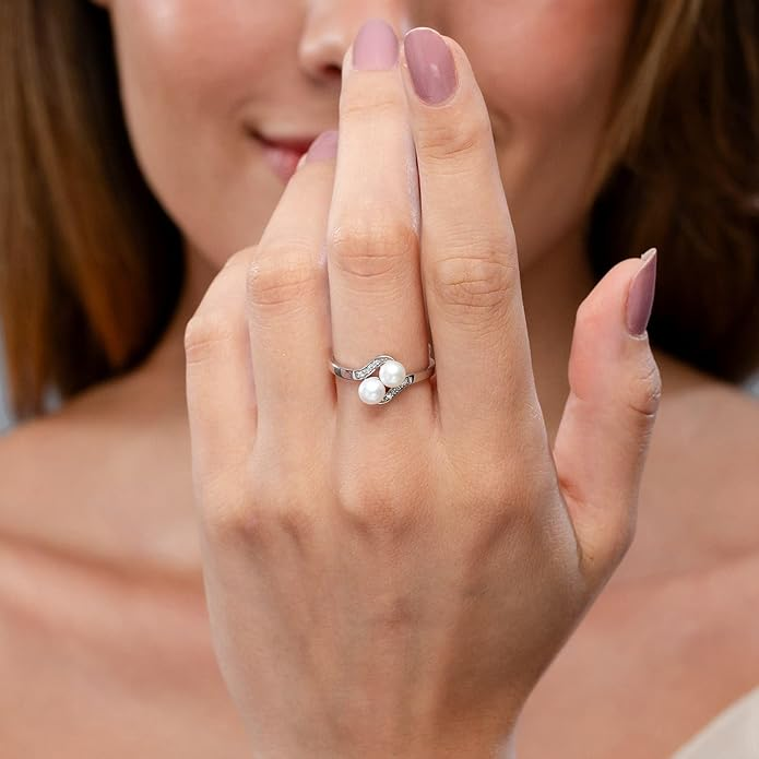 Angara Freshwater Cultured Pearl & Diamond Two Stone Ring — 14K Gold or Silver