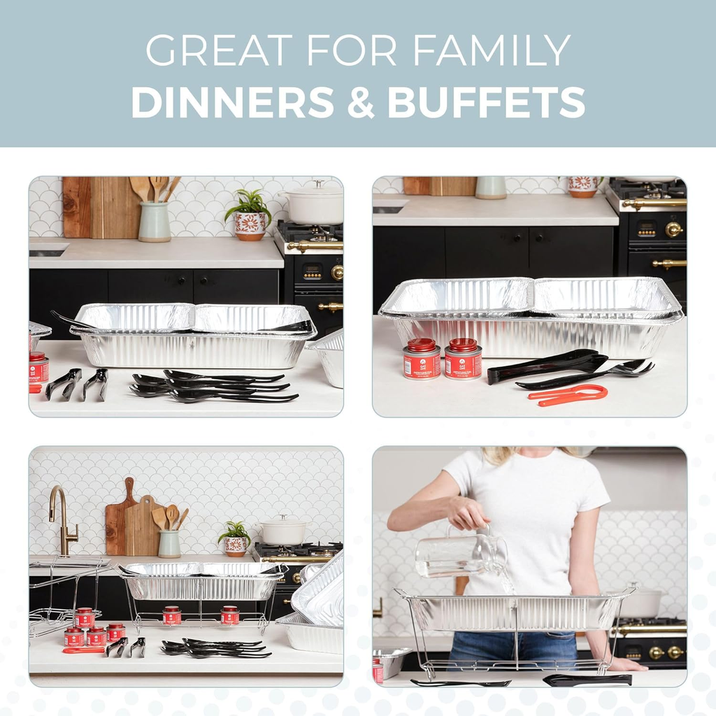 ALPHA LIVING 33-Piece Full Size Disposable Chafing Dish Buffet Set – Covers, Utensils & Fuel Cans for Events & Catering