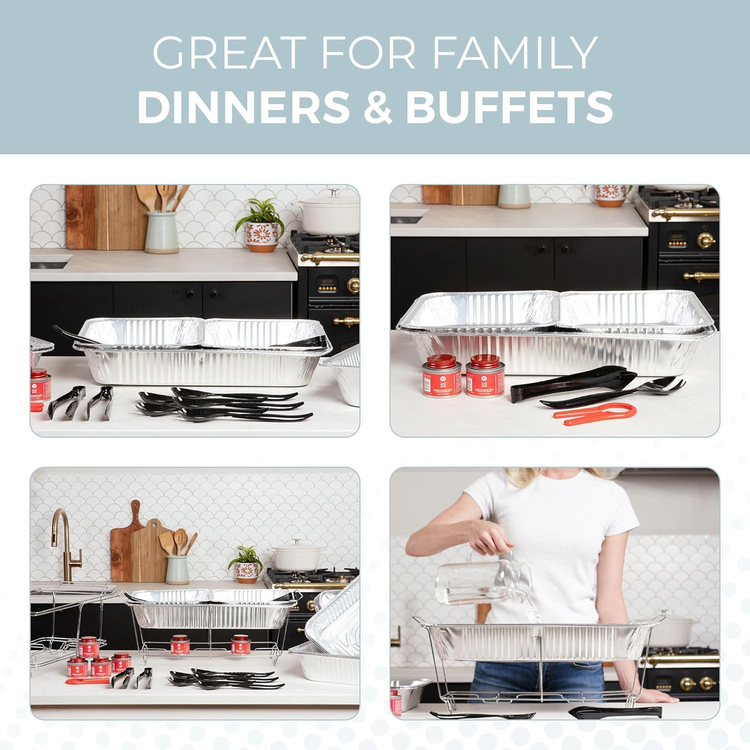 ALPHA LIVING 33-Piece Full Size Disposable Chafing Dish Buffet Set – Covers, Utensils & Fuel Cans for Events & Catering