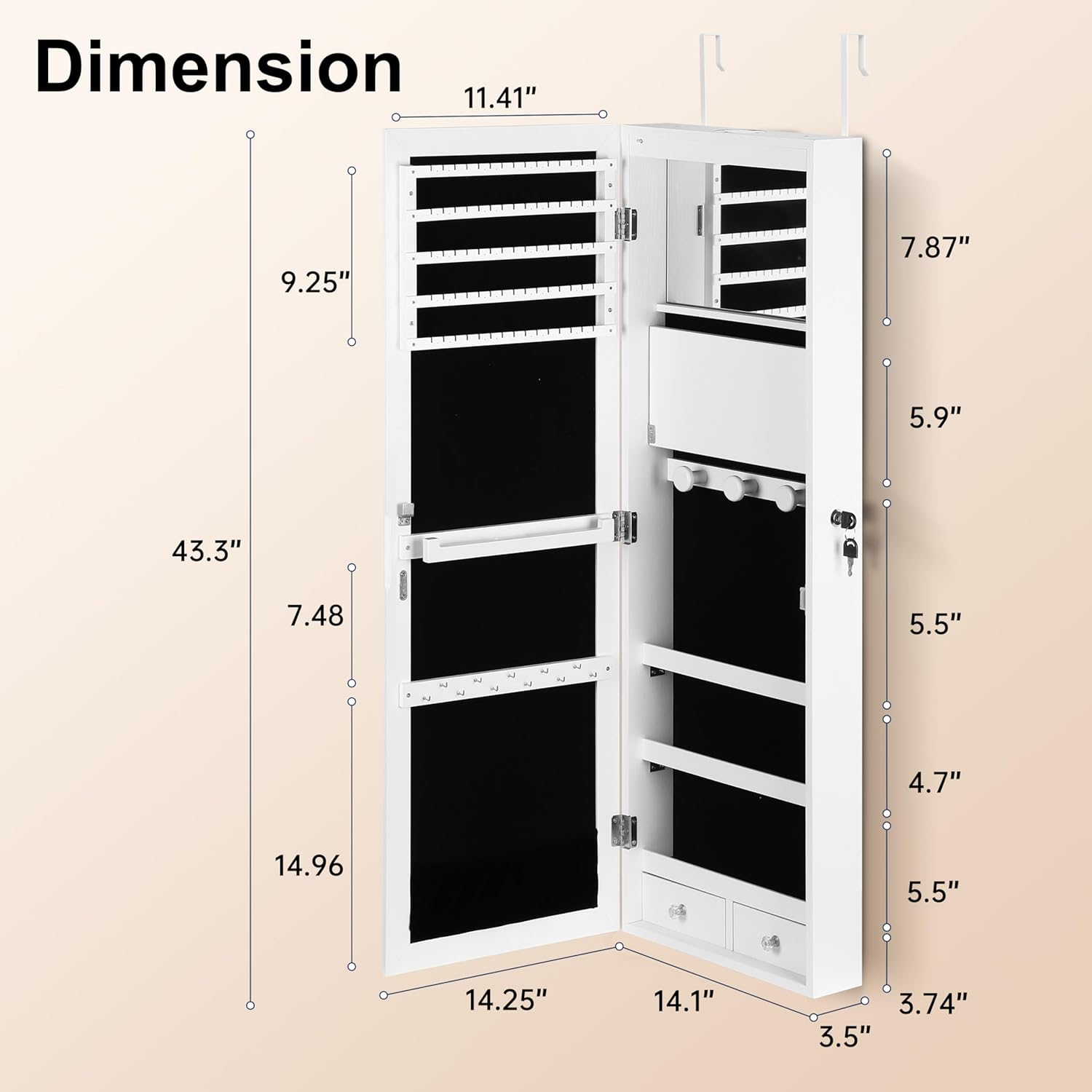 JOYUSAEN 2-in-1 Mirror Jewelry Cabinet — Wall/Door Mounted with LED Lights, White