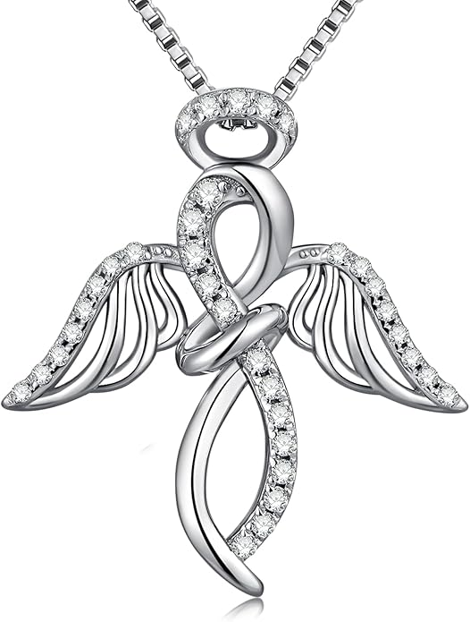 ZDAOBEN 925 Sterling Silver Guardian Angel Pendant Necklace with Birthstone CZ