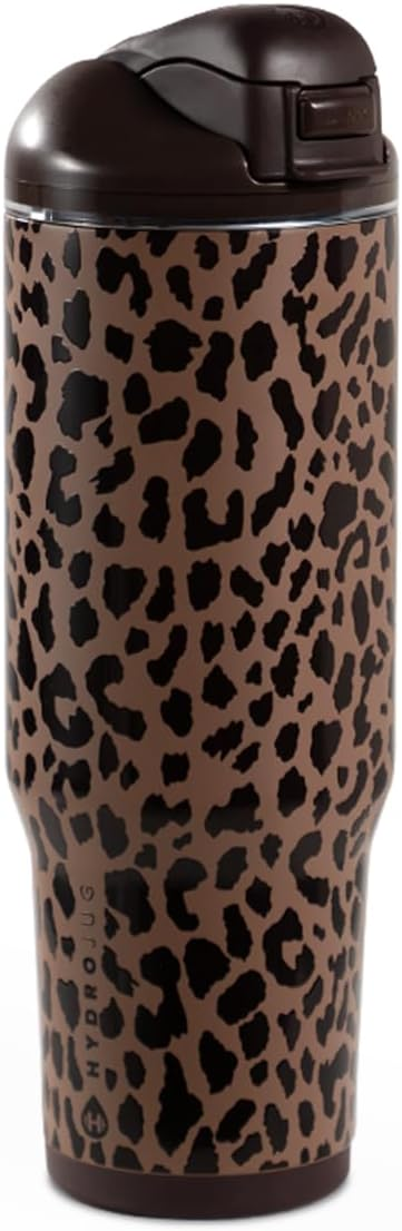 HydroJug Ease2o 32oz Water Bottle – Stainless Steel, Dual-Function Straw & Chug Lid, Brown Leopard