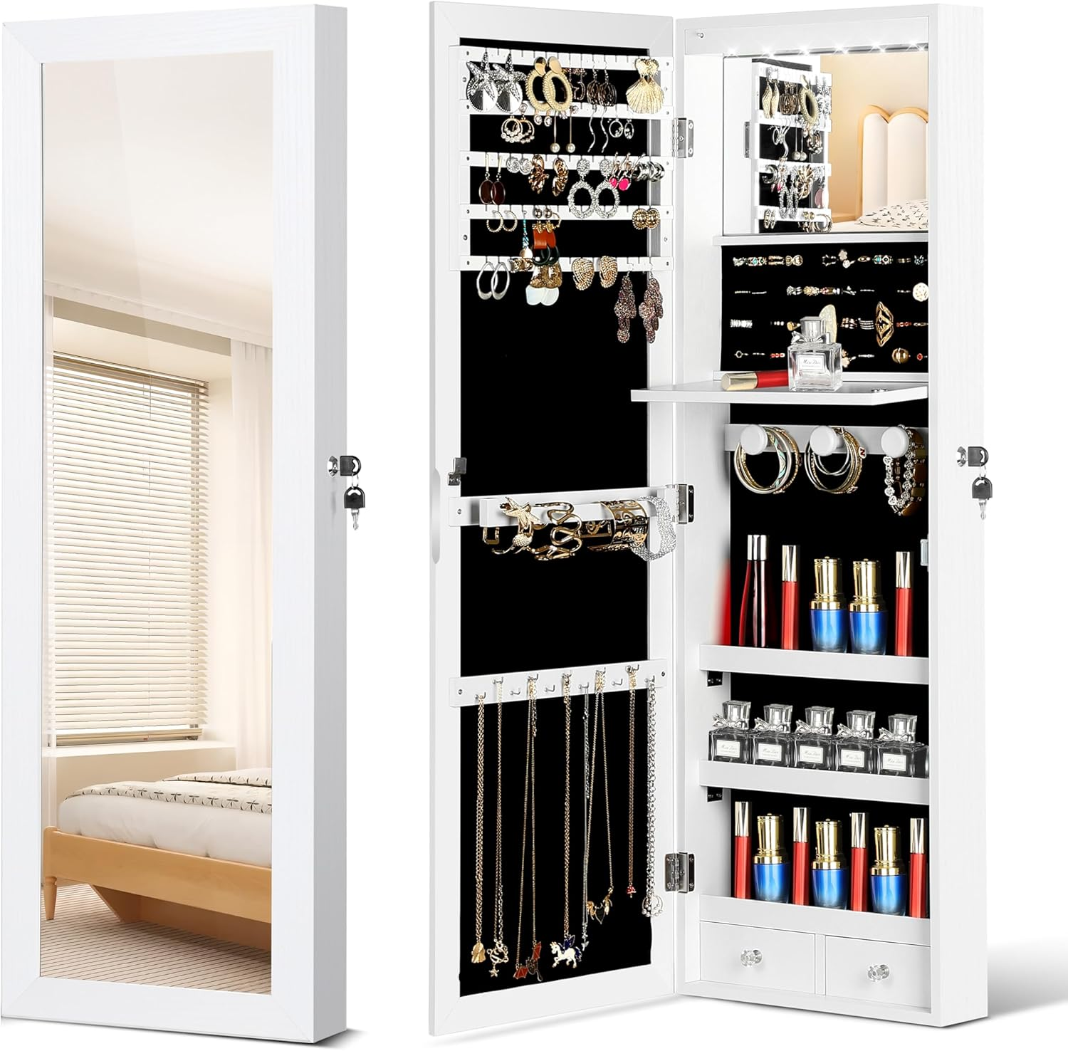 JOYUSAEN 2-in-1 Mirror Jewelry Cabinet — Wall/Door Mounted with LED Lights, White