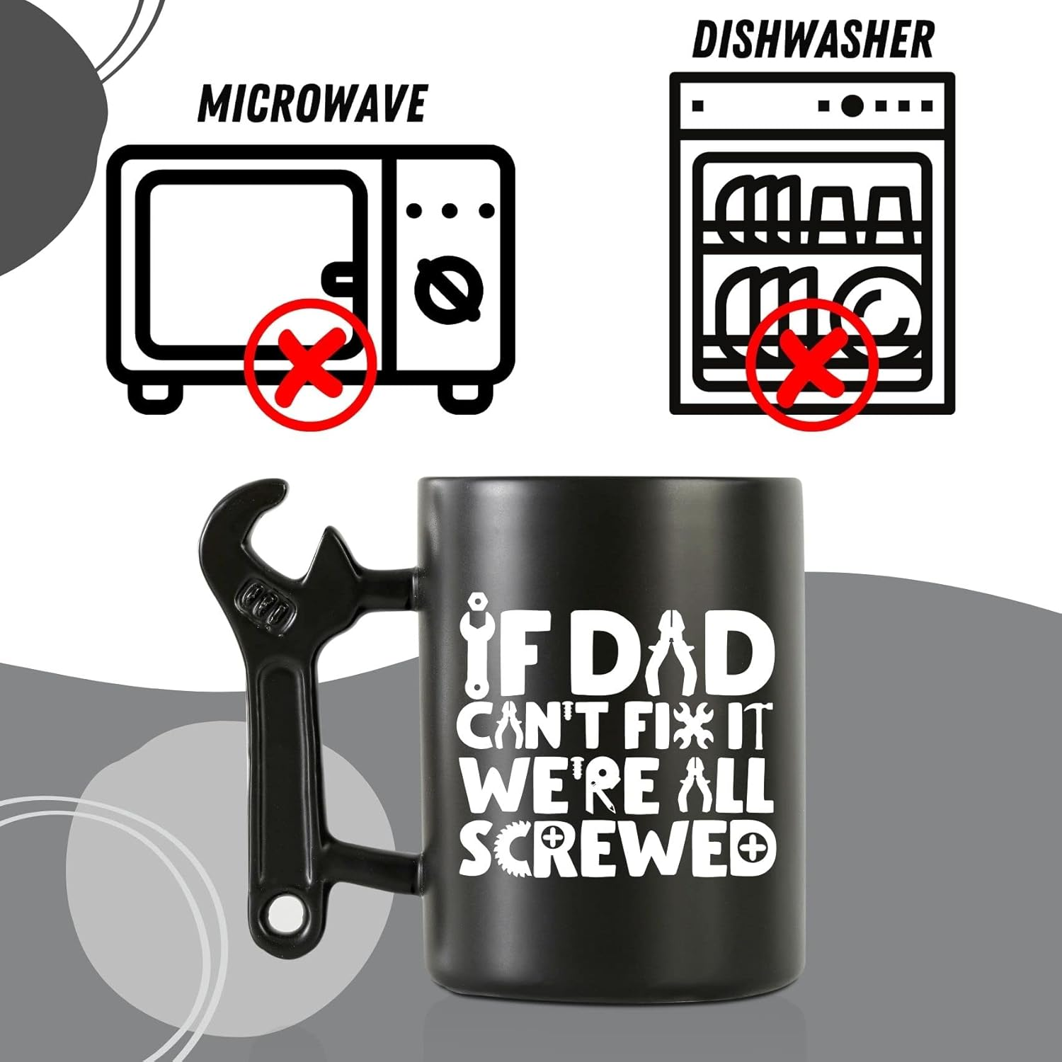 Onebttl "If Dad Can't Fix It We're All Screwed" Funny Coffee Mug with Wrench Handle — 13.5 oz Ceramic Dad Gift