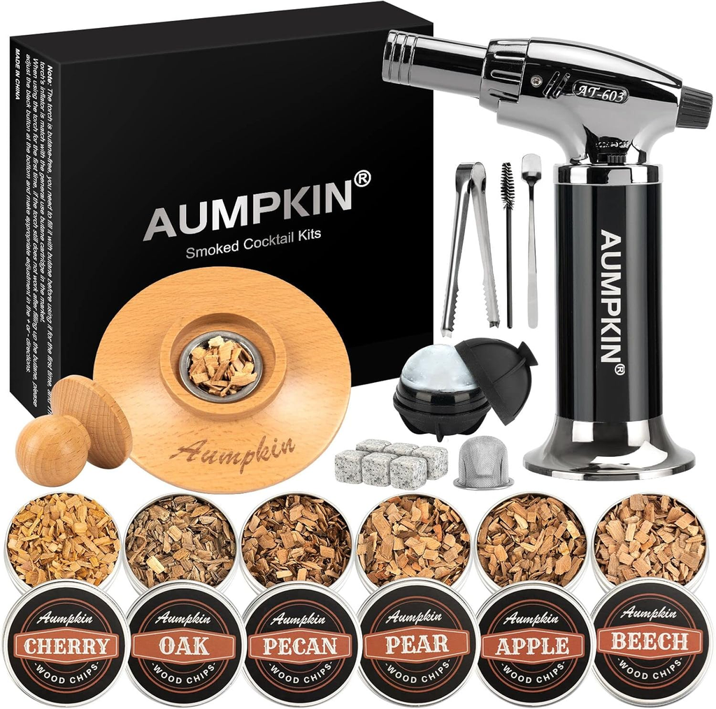 AUMPKIN Cocktail Smoker Kit with Torch — 6 Wood Chip Flavors, Whiskey & Bourbon Infuser Kit