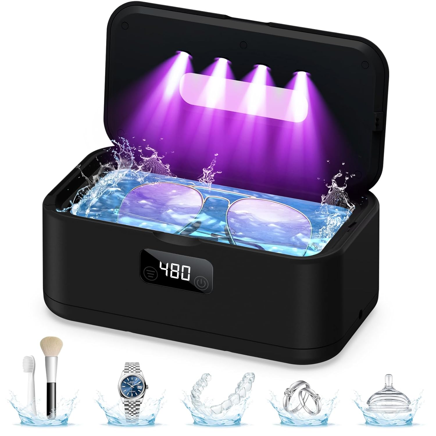 Ultrasonic Jewelry Cleaner Machine 50KHz — Professional Deep Cleaner with UV Light (Black)