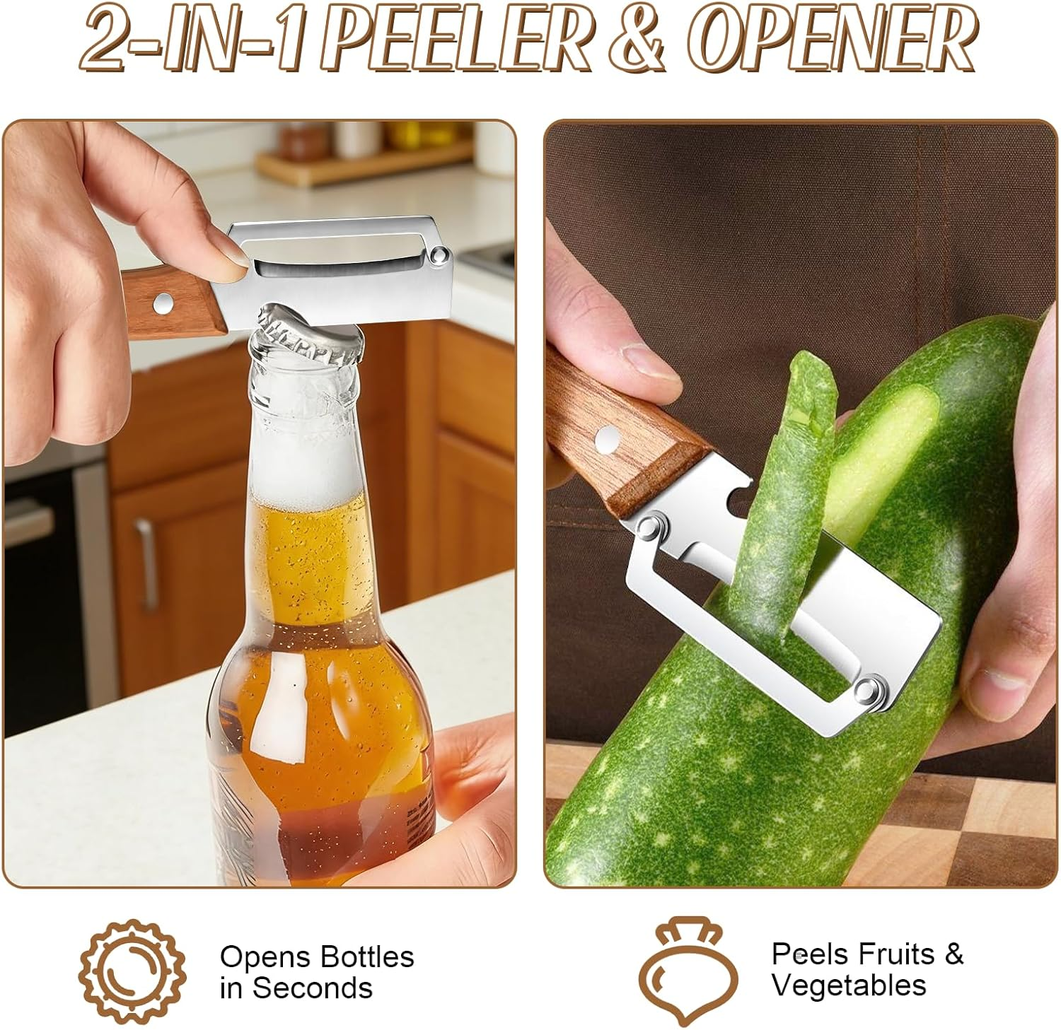 Waieoc 3-in-1 Vegetable Peeler – Wooden Handle Stainless Steel Wide Blade Potato & Carrot Peeler with Scallion Shredder & Bottle Opener