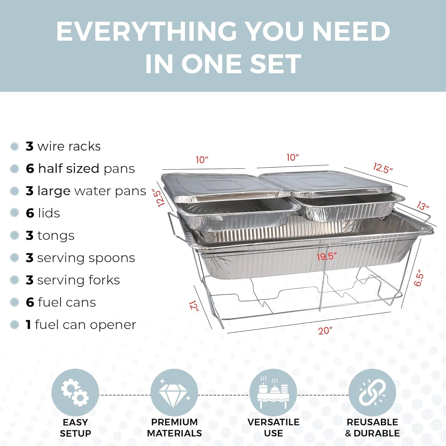 ALPHA LIVING 33-Piece Full Size Disposable Chafing Dish Buffet Set – Covers, Utensils & Fuel Cans for Events & Catering