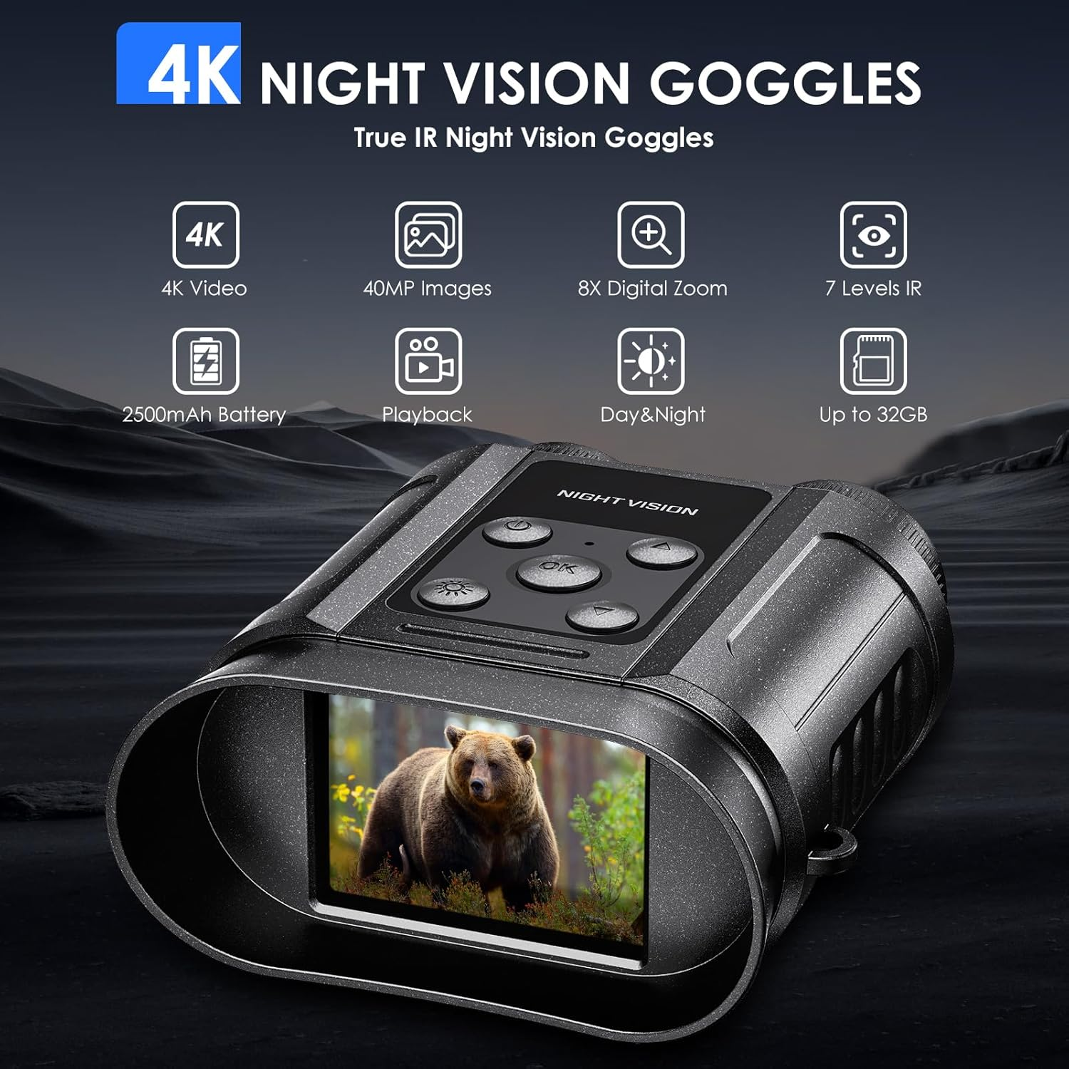 4K Night Vision Goggles Binoculars — 40MP, 8X Zoom, 7-Level IR, 32GB Card Included, Photo & Video Capture