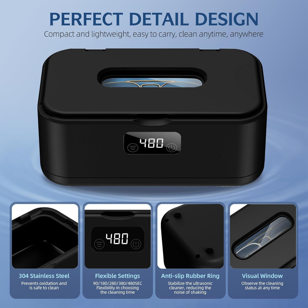 Ultrasonic Jewelry Cleaner Machine 50KHz — Professional Deep Cleaner with UV Light (Black)