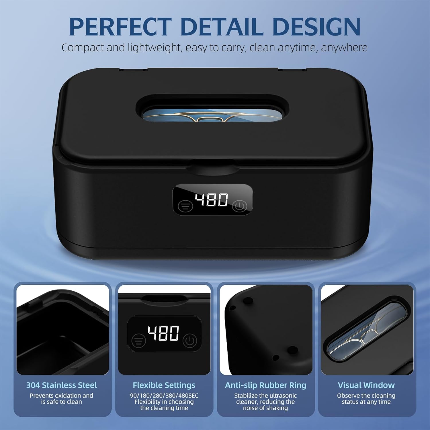 Ultrasonic Jewelry Cleaner Machine 50KHz — Professional Deep Cleaner with UV Light (Black)