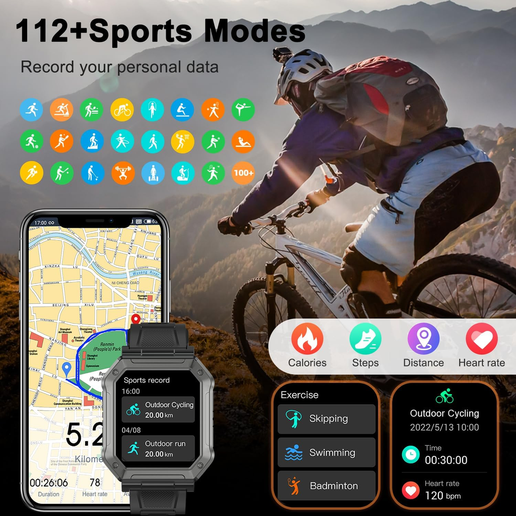 Paukila Military Smart Watch for Men — Bluetooth Call, Heart Rate, 112+ Sports Modes