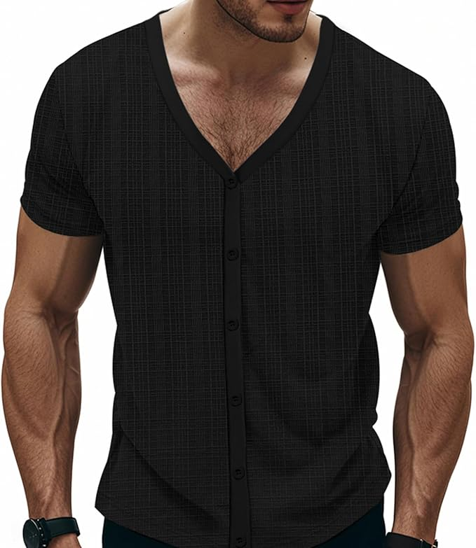 Men's Slim Fit Deep V-Neck Button Down Shirt – Casual Hippie Beach Summer Short Sleeve