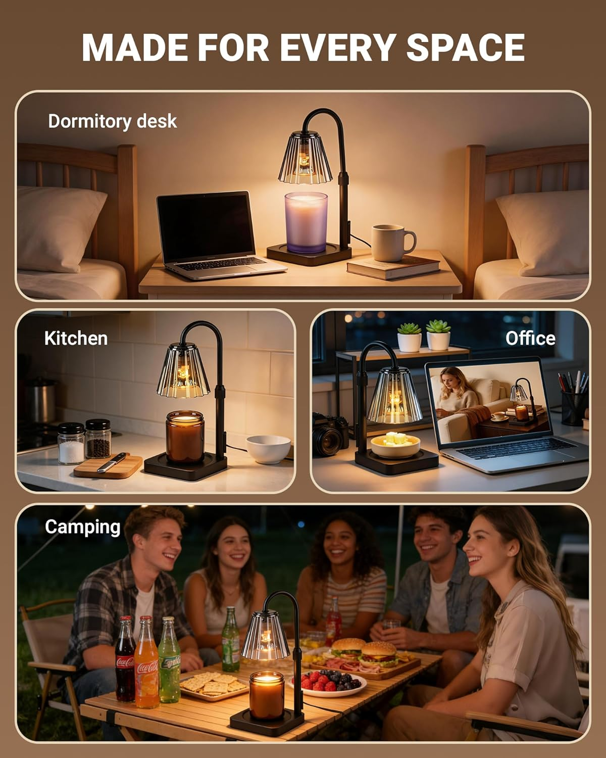 Fubink Candle Warmer Lamp with Timer & Dimmer — Shatterproof Shade, Adjustable Height, Modern Black