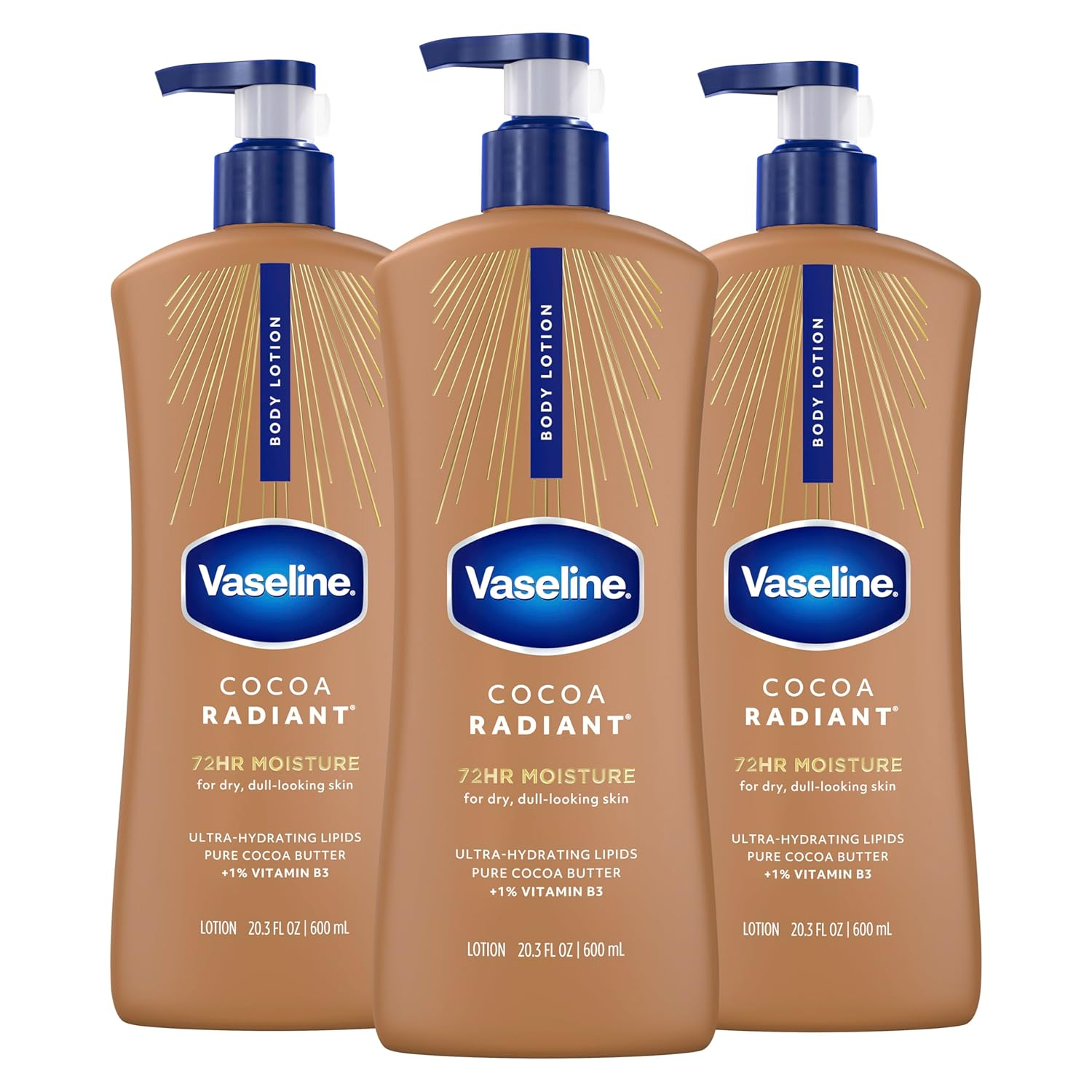 Vaseline Intensive Care Cocoa Radiant Body Lotion – 72HR Moisture, Ultra-Hydrating Lipids & Pure Cocoa Butter, 20.3 oz, 3-Pack