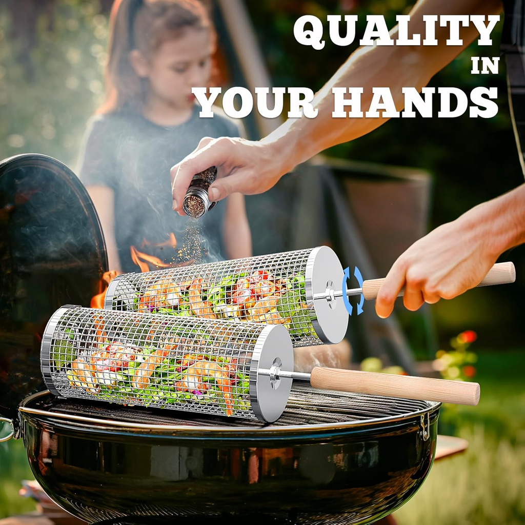 ivtivfu Rolling Grill Basket — 304 Stainless Steel BBQ Basket with Removable Wooden Handle