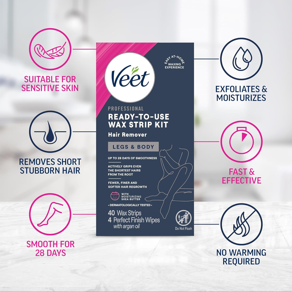 Veet Professional Ready-to-Use Wax Strip Kit – Legs, Body & Bikini Hair Removal