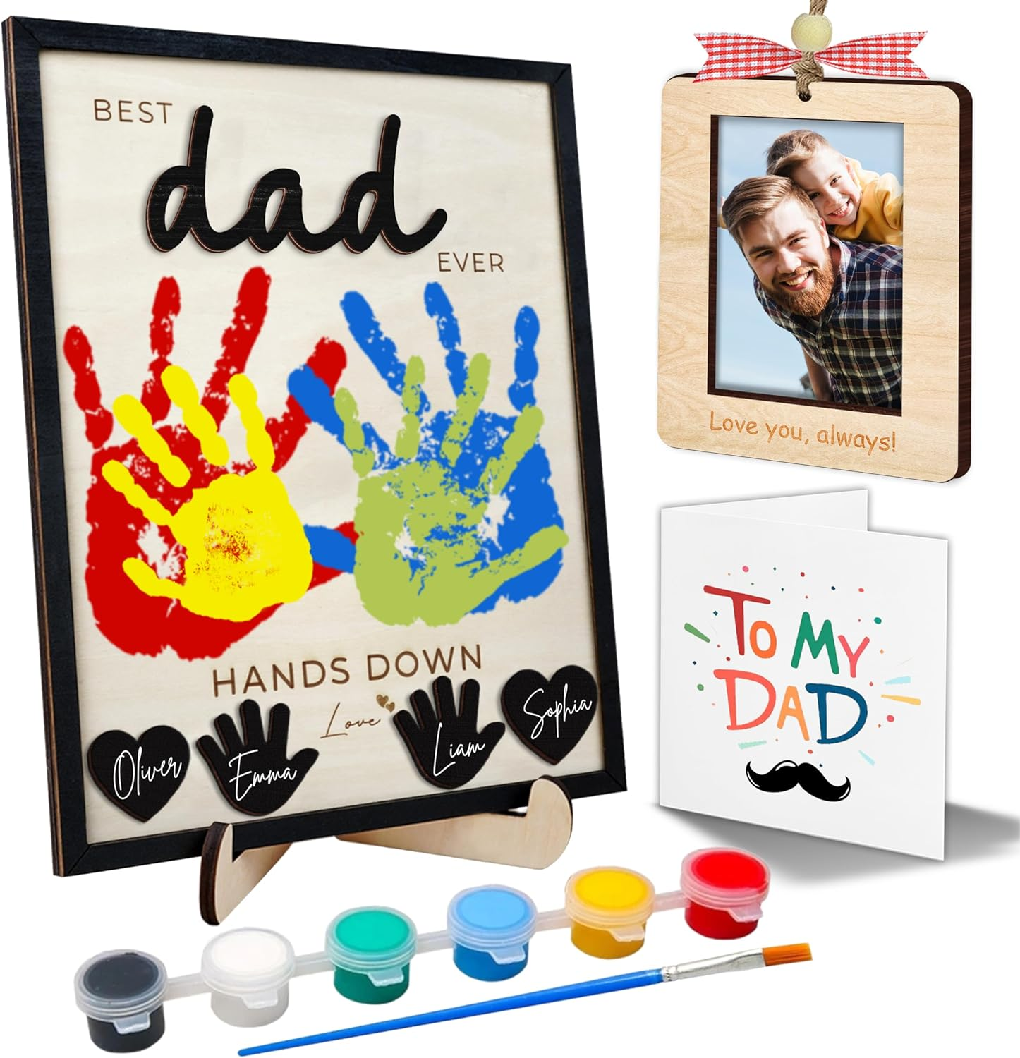 "Best Dad Ever — Hands Down" DIY Handprint Sign Kit — 10" Family Plaque with Acrylic Paint, Photo Frame & Greeting Card
