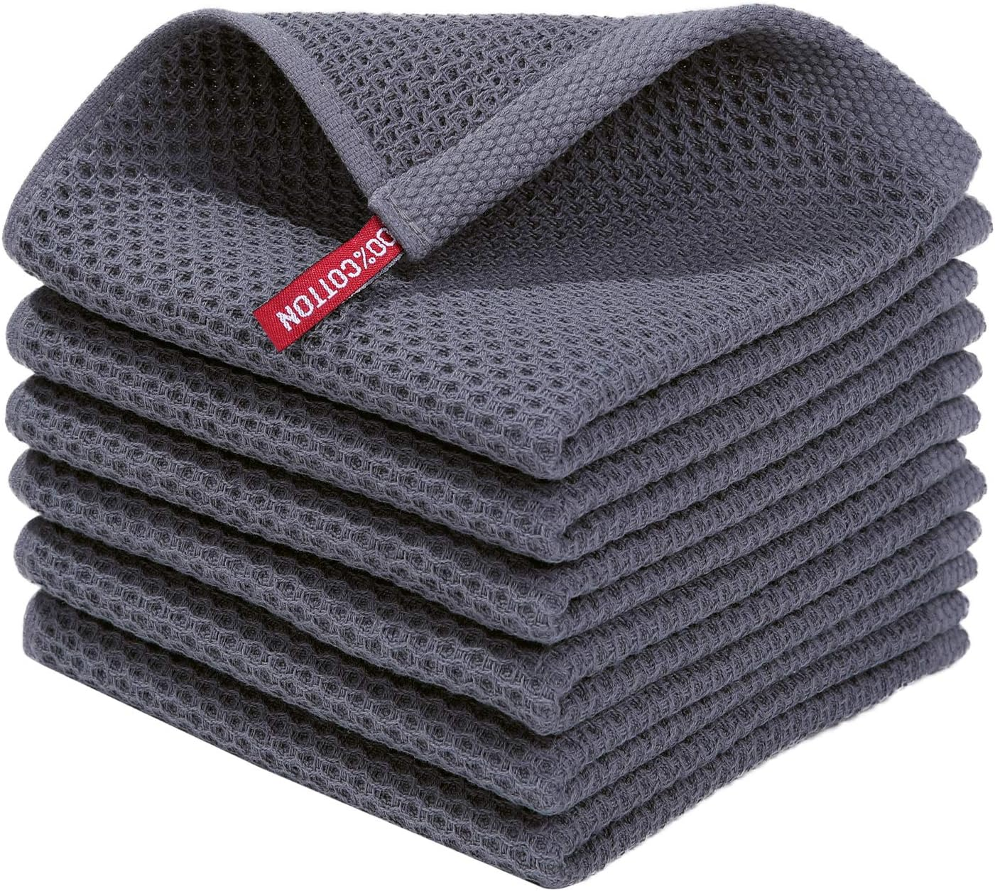 100% Cotton Waffle Weave Kitchen Dish Cloths 6-Pack – Ultra Soft & Absorbent, Dark Grey (12x12 in)