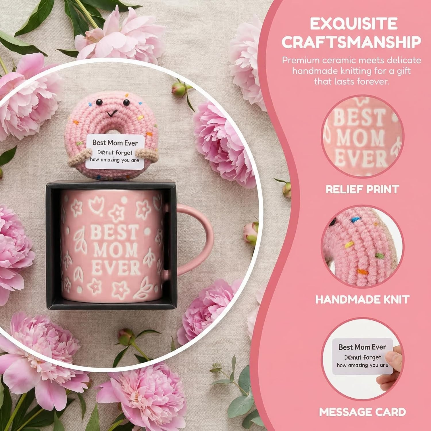 Best Mom Ever Gift Set – Pink Floral Embossed Mug & Handmade Donut Crochet, Mother's Day Gift from Daughter