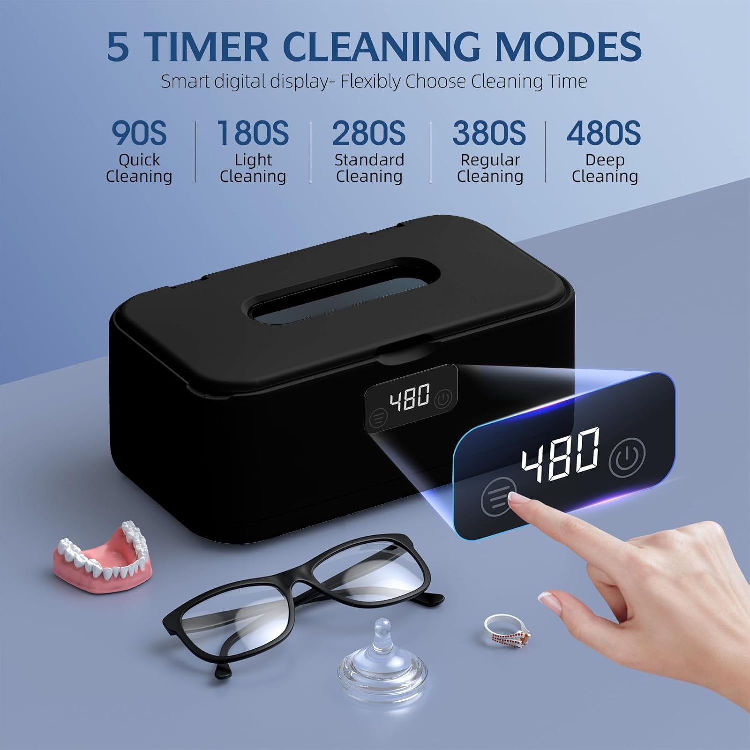 Ultrasonic Jewelry Cleaner Machine 50KHz — Professional Deep Cleaner with UV Light (Black)