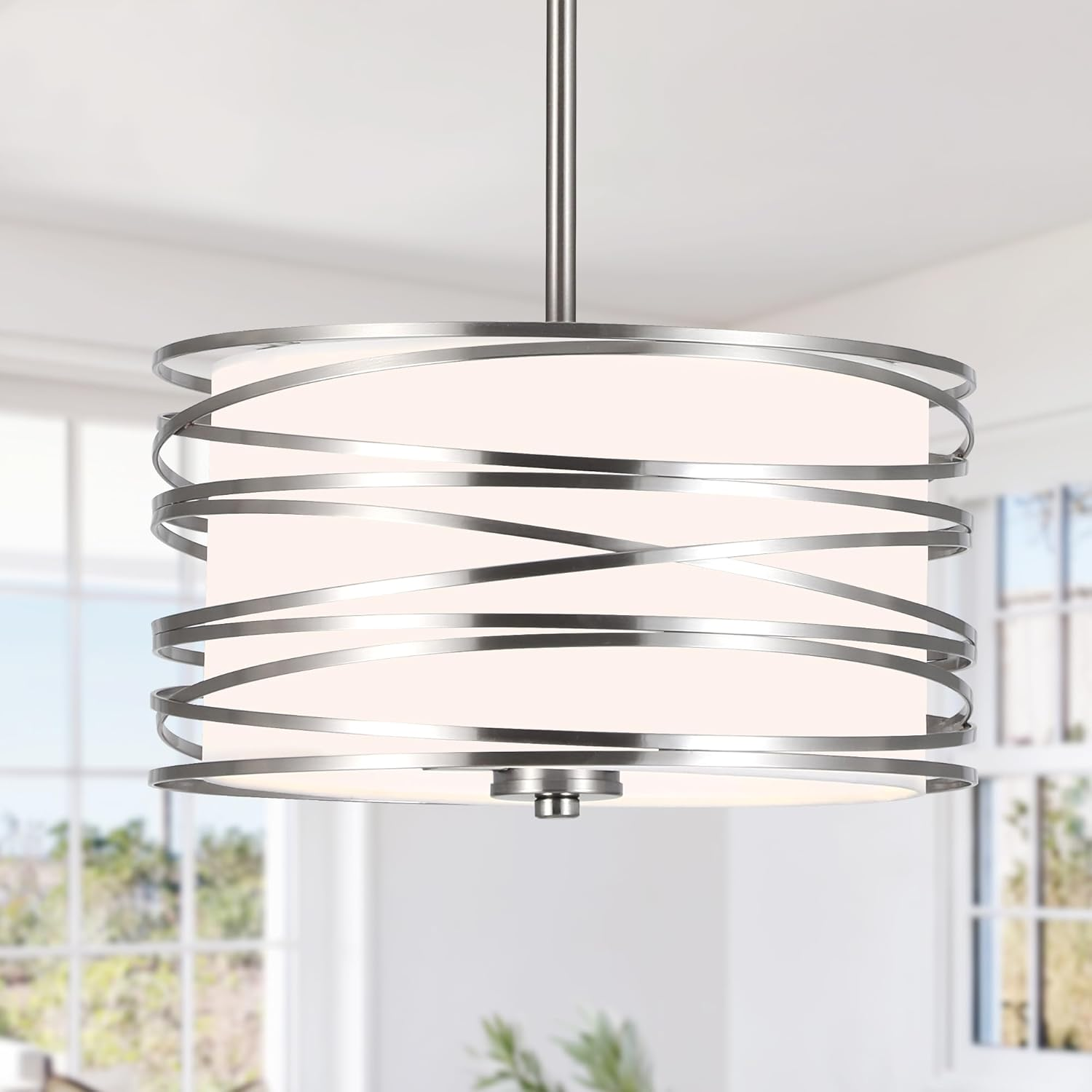 12.6" Brushed Nickel Drum Chandelier – 3-Light Round Pendant Light for Dining Room, Kitchen Island, Bedroom & More
