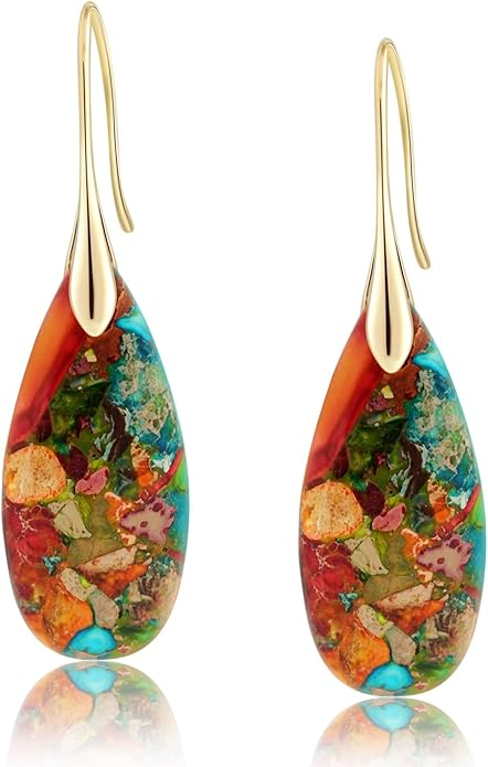 Sriomu Natural Healing Stone Teardrop Dangle Earrings — Gold Fish Hook, Statement Jewelry