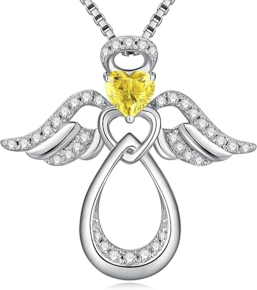 ZDAOBEN 925 Sterling Silver Guardian Angel Pendant Necklace with Birthstone CZ