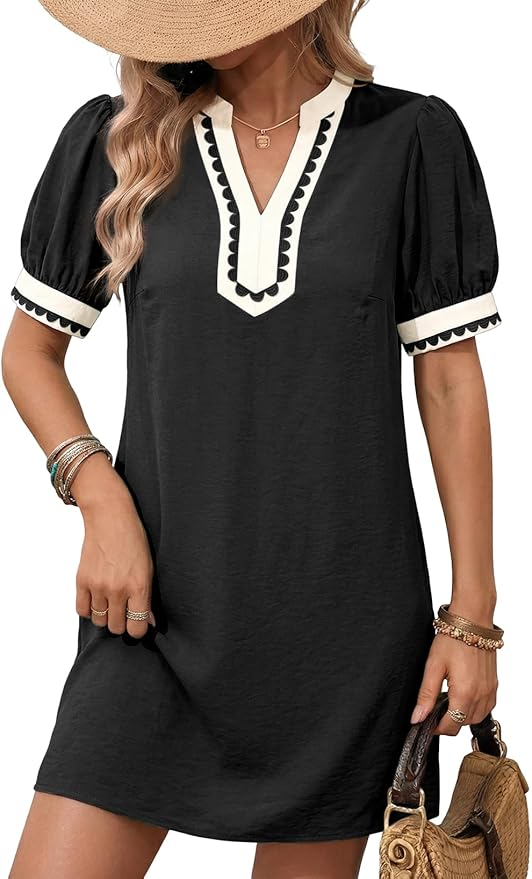 Dokotoo Summer Mini Dress — Puff Sleeve V-Neck Trim Sundress