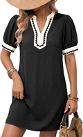 Dokotoo Summer Mini Dress — Puff Sleeve V-Neck Trim Sundress
