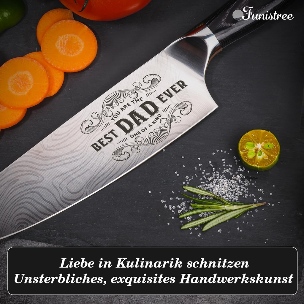 Funistree "Best Dad Ever" 8" Pro Chef Knife Gift Set — German EN1.4116 Steel, Engraved Kitchen Knife for Dad