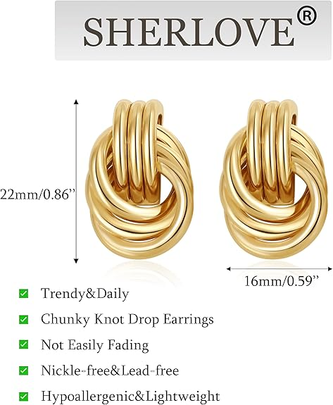 SHERLOVE Chunky Gold Knot Drop Earrings — Hypoallergenic, Lightweight Statement Earrings