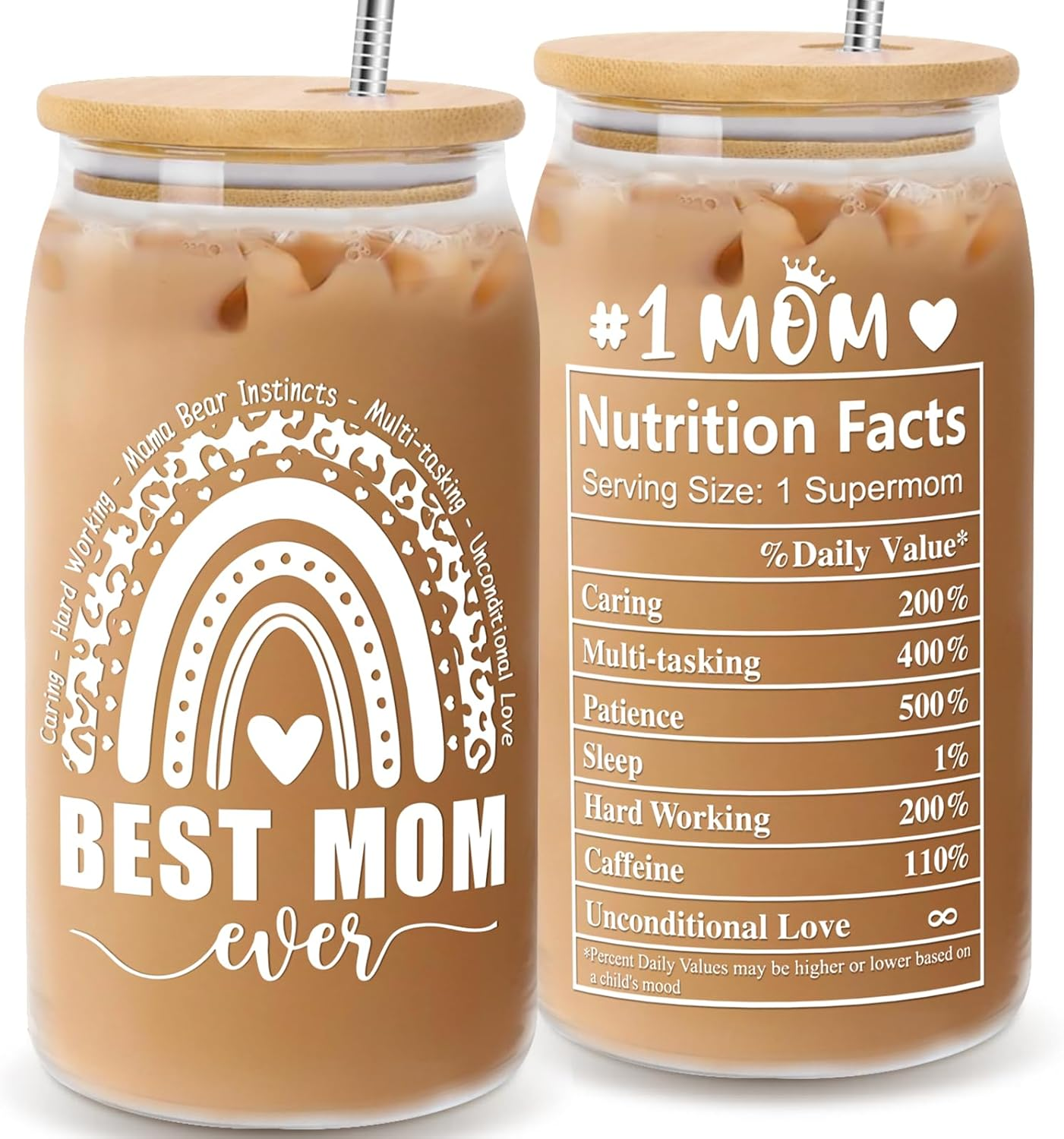 Zutcogo “Best Mom Ever” Glass Can Cup 16oz — #1 Mother’s Day Gift with Bamboo Lid & Straw
