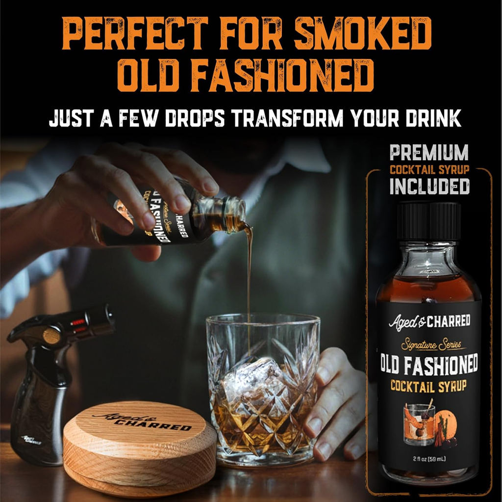 Aged & Charred Whiskey Smoker Kit with Torch, Butane & Old Fashioned Syrup — 8 Wood Chip Flavors, 100% USA Oak