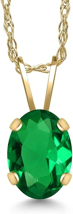 Gem Stone King 0.60 Ct Oval Simulated Emerald Pendant Necklace — 14K Yellow Gold with Chain