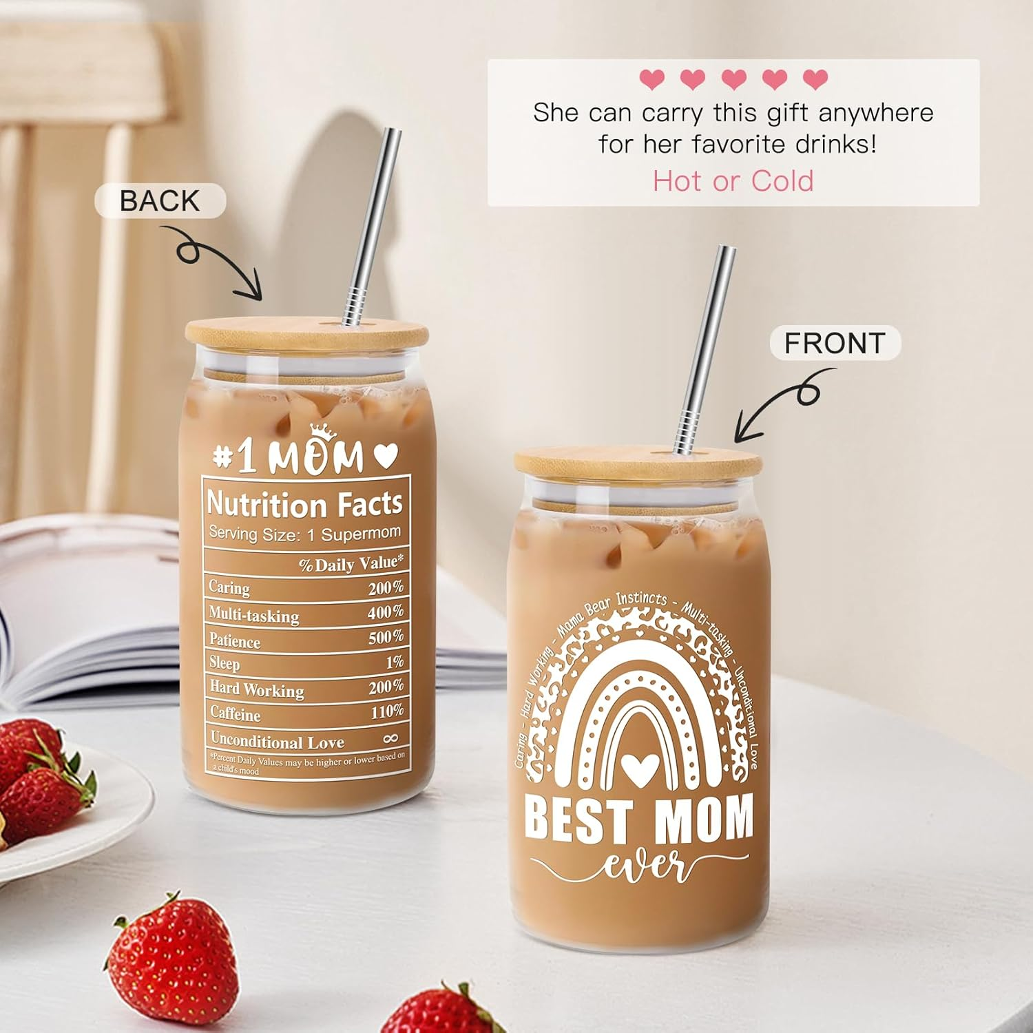 Zutcogo “Best Mom Ever” Glass Can Cup 16oz — #1 Mother’s Day Gift with Bamboo Lid & Straw