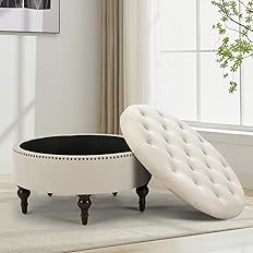obmedin 31.5" Large Round Storage Ottoman - Tufted Linen with Solid Wood Legs & Nailheads (Beige)