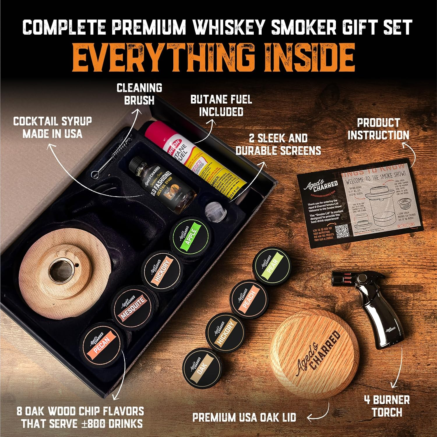 Aged & Charred Whiskey Smoker Kit with Torch, Butane & Old Fashioned Syrup — 8 Wood Chip Flavors, 100% USA Oak