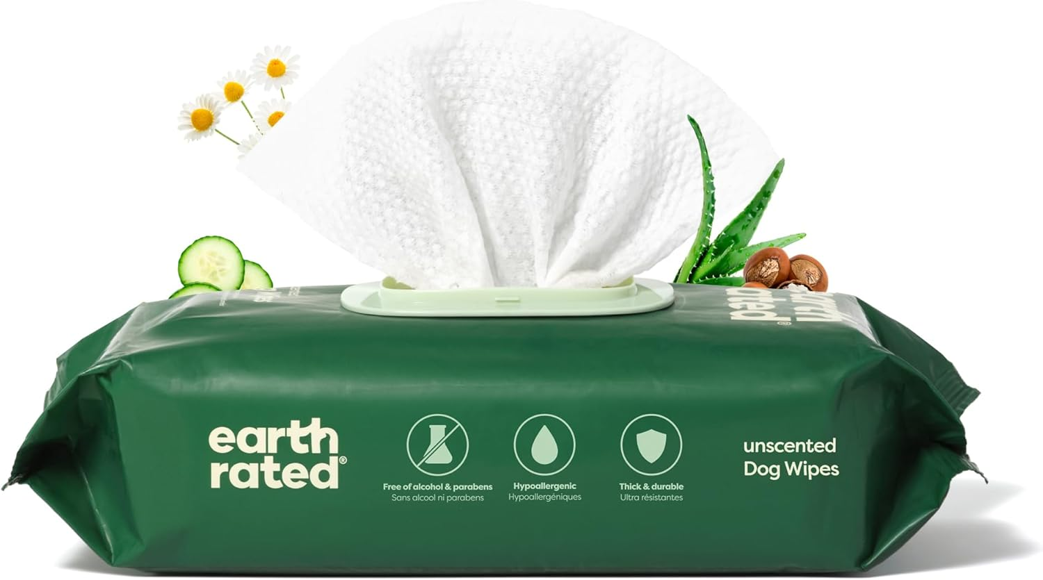 Earth Rated Pet Wipes for Dogs & Cats — Hypoallergenic 3-in-1 Grooming Wipes (100 Count)