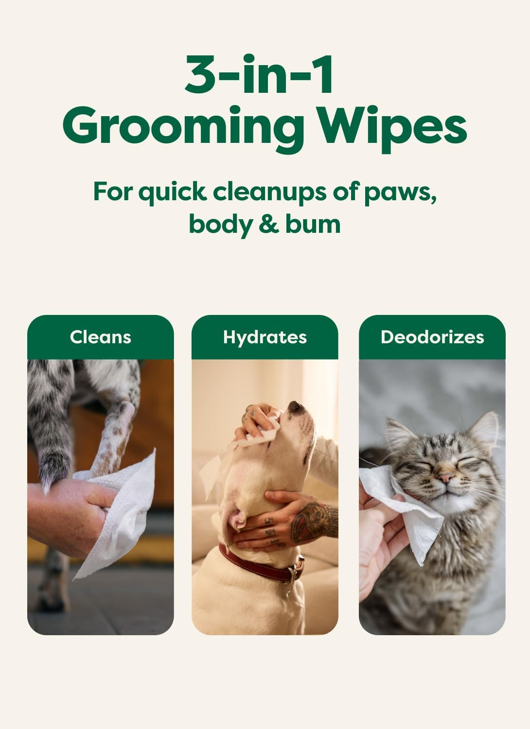 Earth Rated Pet Wipes for Dogs & Cats — Hypoallergenic 3-in-1 Grooming Wipes (100 Count)