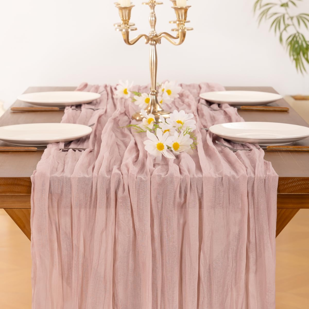 Pink Cheesecloth Table Runner 10FT – Boho Dusty Pink Gauze for Wedding, Baby Shower & Home Decor