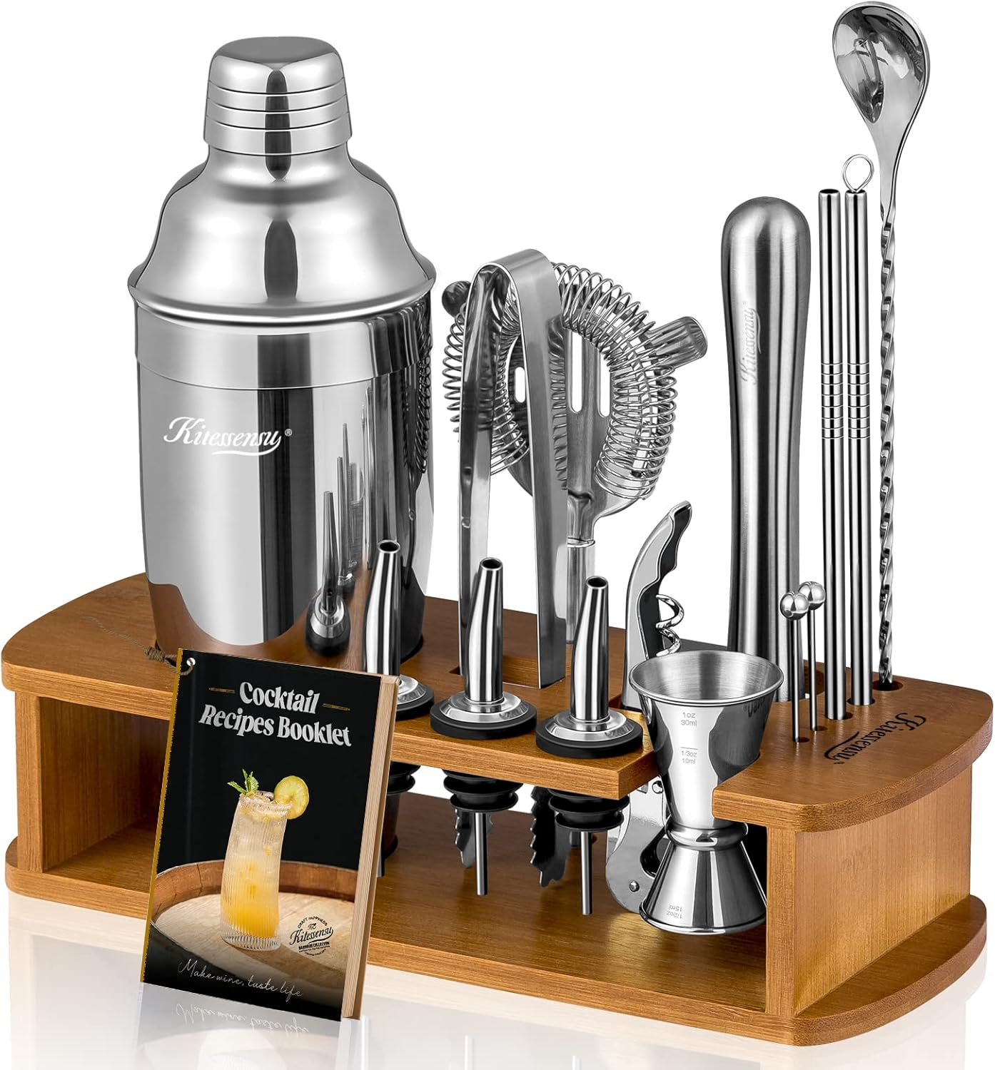 KITESSENSU Cocktail Shaker Set Bartender Kit with Bamboo Stand — 14-Piece Bar Tool Set