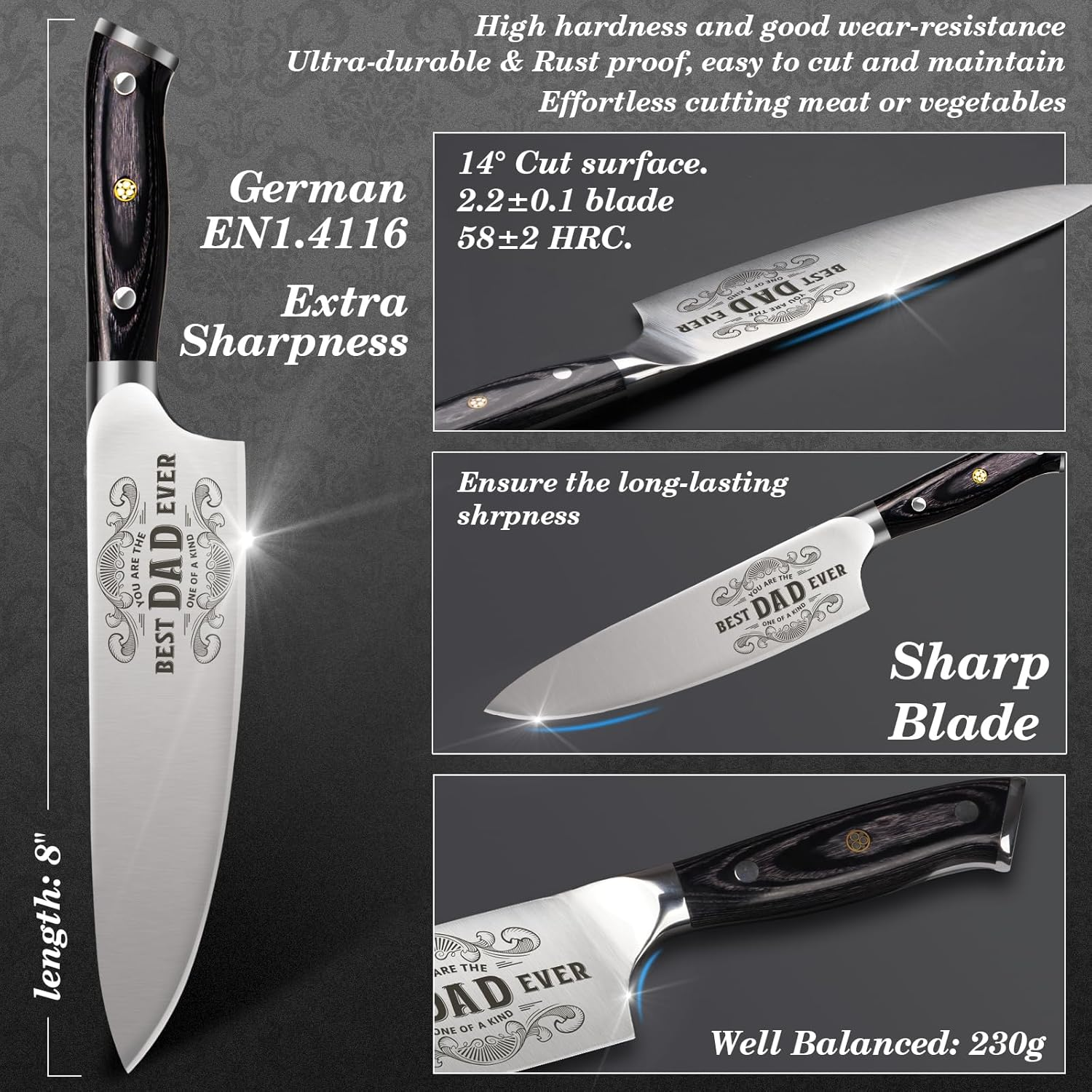 Funistree "Best Dad Ever" 8" Pro Chef Knife Gift Set — German EN1.4116 Steel, Engraved Kitchen Knife for Dad